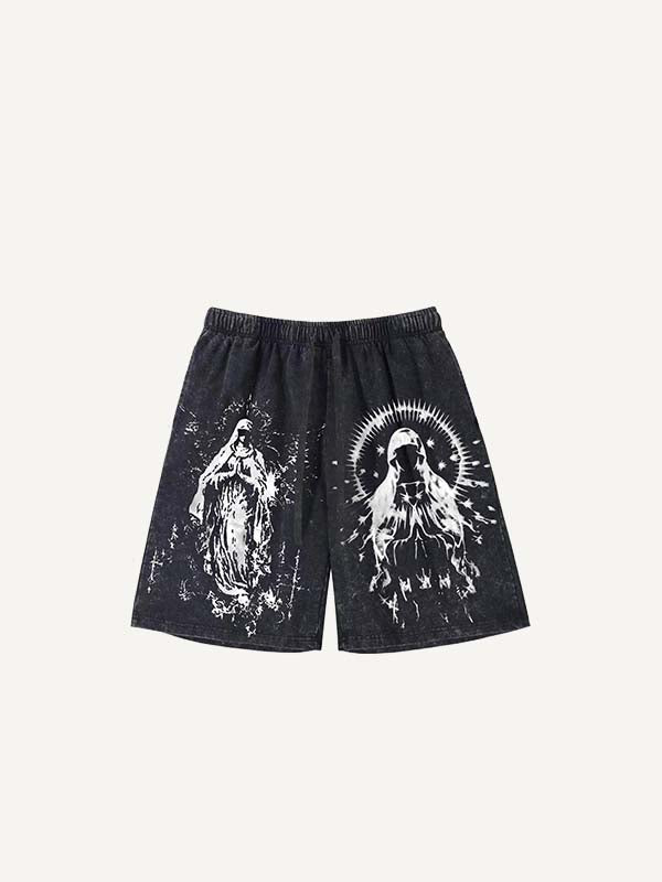 Shorts mit Used-Look, Print-Motiv (Figur, Flügel, betende Hände, Kreuz) und Kordelzug in der Taille