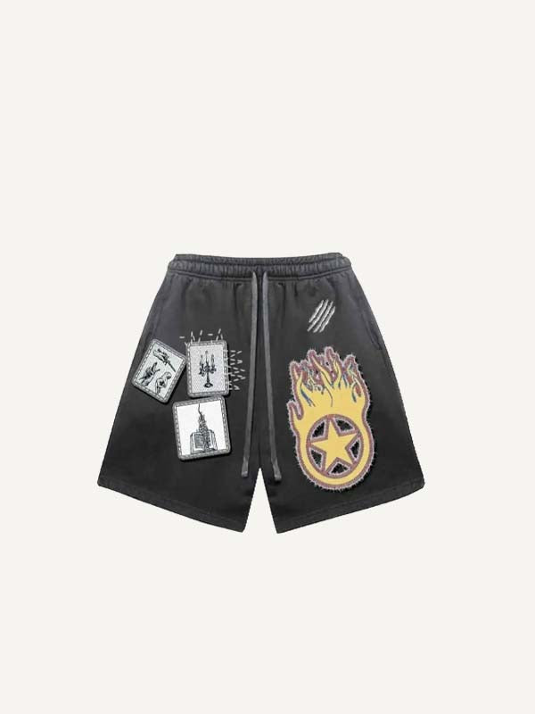 Fire&Star&&Graphic&Paw Faux Decal Print Drawstring Waist Shorts