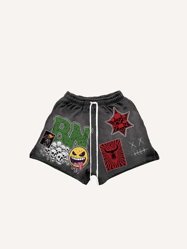 Shorts met schedel-, vuur-, grafische en letter-nepstickerprint en trekkoord in de taille