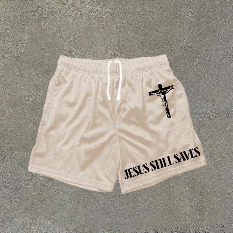 Jesus Still Saves Print Mesh Shorts