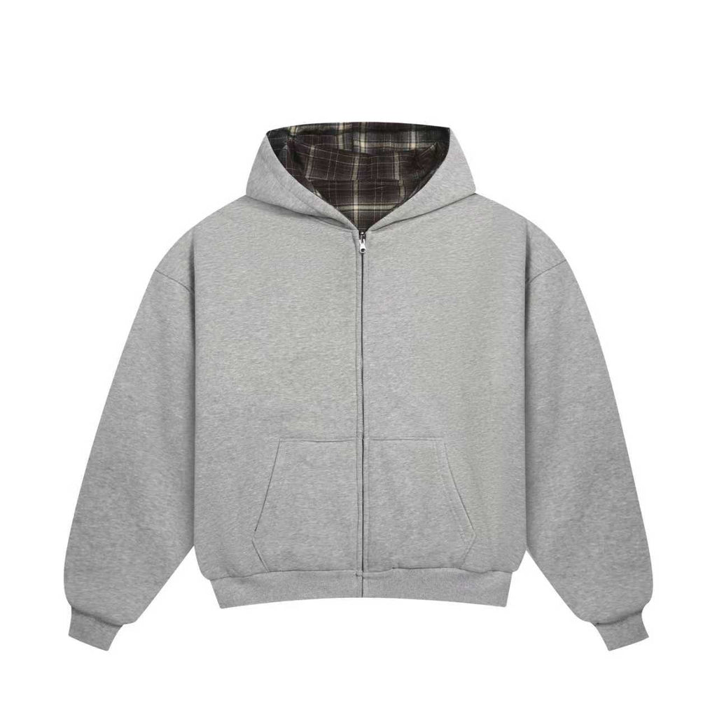 Felpa con cappuccio e zip reversibile a quadri V2（Grigio scuro/Marrone）