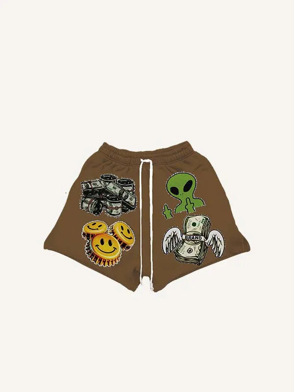 Short met trekkoord in de taille met smiley-, alien-, skelet-, geld-, vleugel-, oogbol-, letter- en grafische print in faux-stickerstijl
