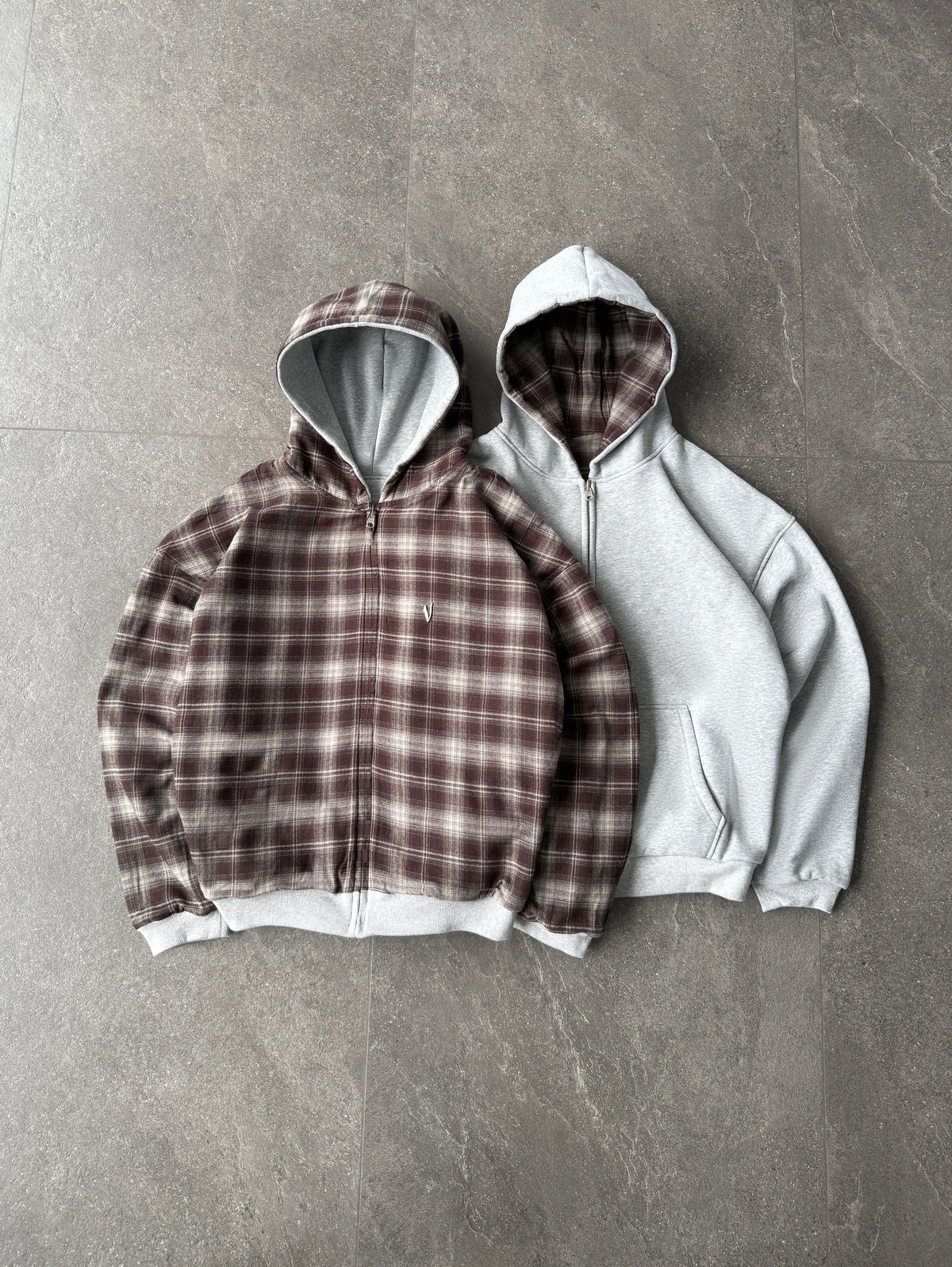 Reversible Plaid Zip-Hoodie V2（Dark Grey/ Mocha）