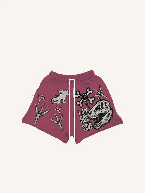 Dinosaur&Skeleton&Letter Faux Decal Print Drawstring Waist Shorts