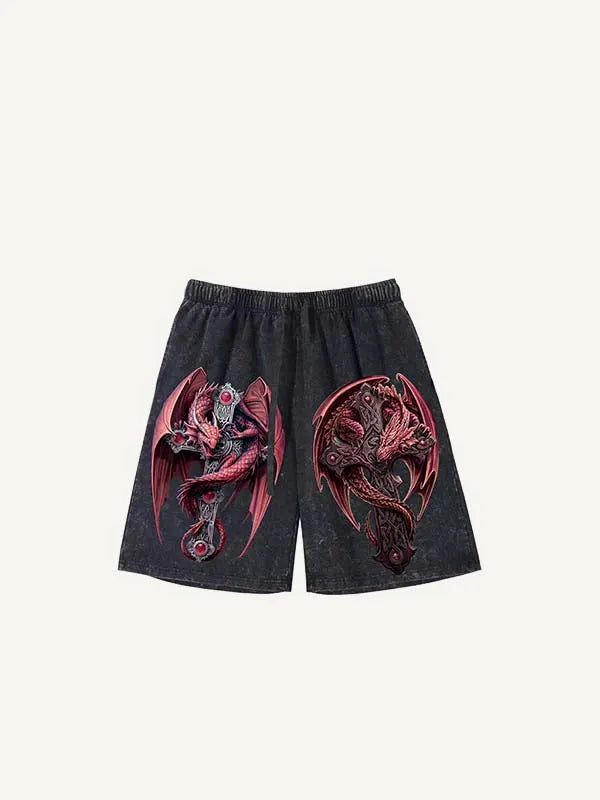 Shorts mit Kordelzug, Distressed-Optik und Drachen-Kreuz-Print