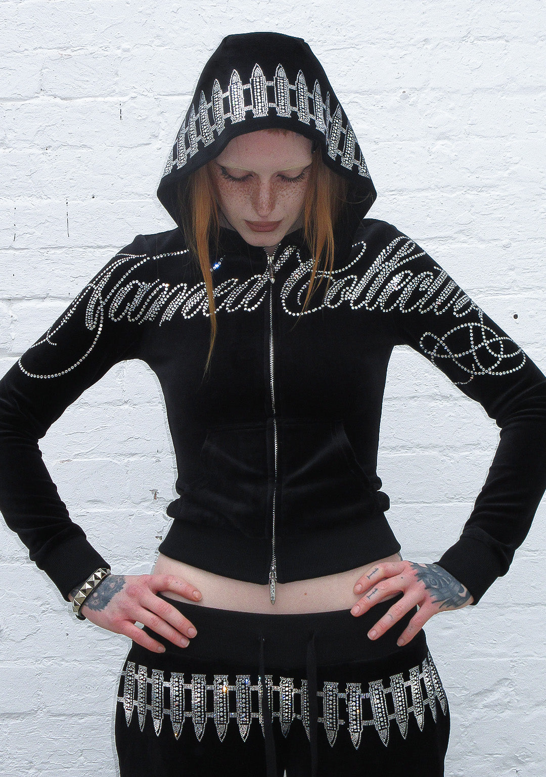 ENEMY RHINESTONE VELOUR ZIP HOODIE BLACK