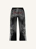 Cross&Letter&Graphic Faux Decal Print Elastic Waist Pants