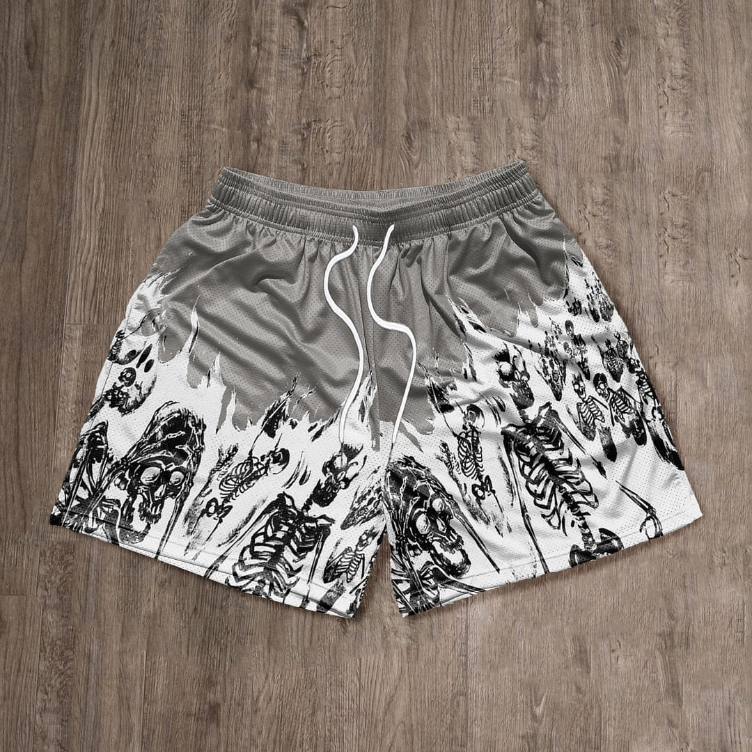 Pantaloncini casual street in rete con grafica di teschio vintage