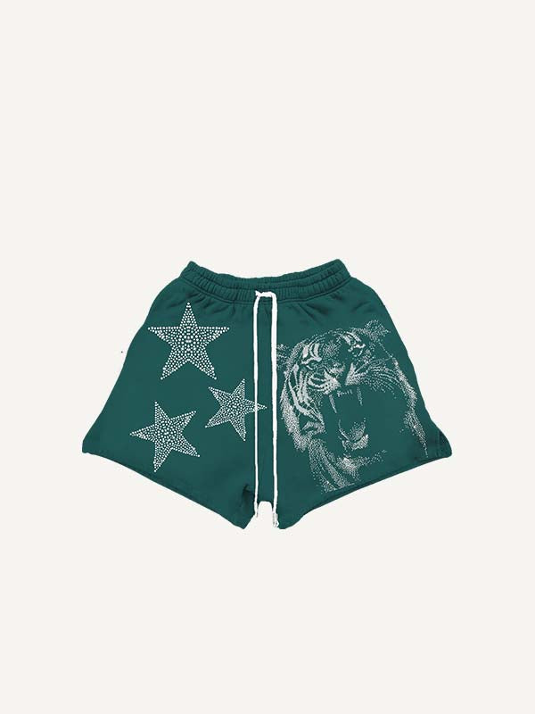 Tiger&Star&Letter Faux Rhinestones Print Drawstring Waist Shorts