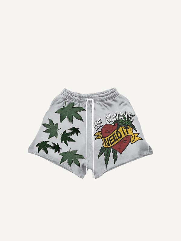 Pantaloncini con coulisse in vita, stampa con foglia, cuore e scritta