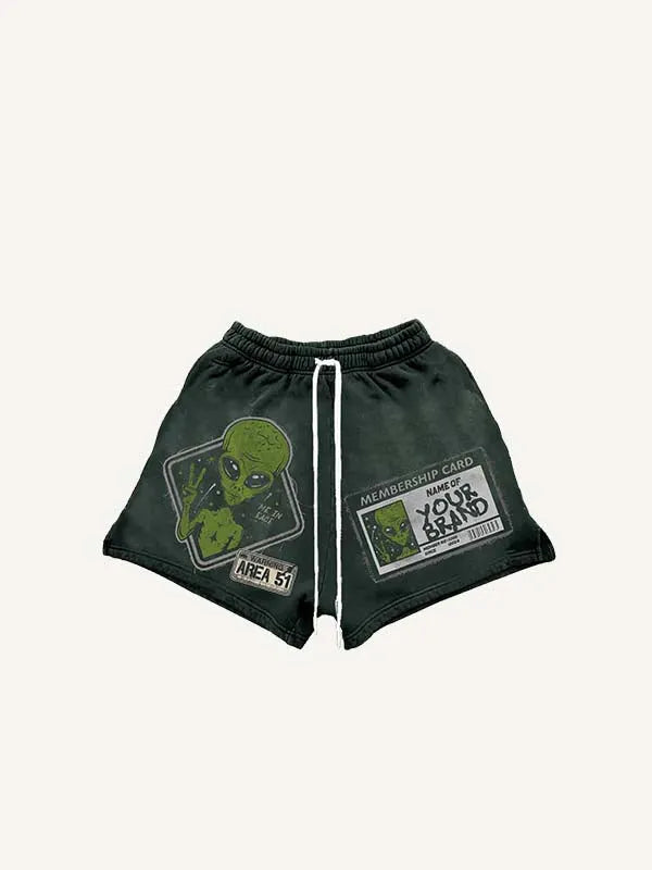 Alien&Letter Faux Decal Print Drawstring Waist Shorts