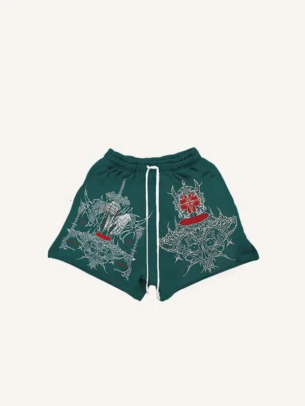 Figure&Sword&Graphic Print Drawstring Waist Shorts