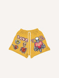 Short met trekkoord in de taille en een imitatie-decalprint met smileygezicht, skelet, hart en letters