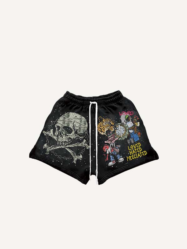 Figure&Skeleton&Graphic&Letter Faux Decal Print Drawstring Waist Shorts