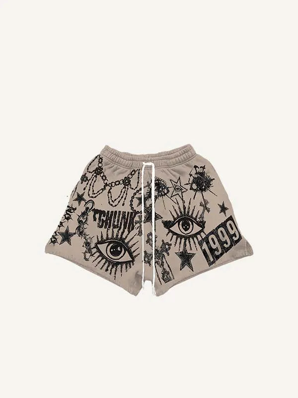 Short met oog-, kruis-, ster- en grafische print en trekkoord in de taille