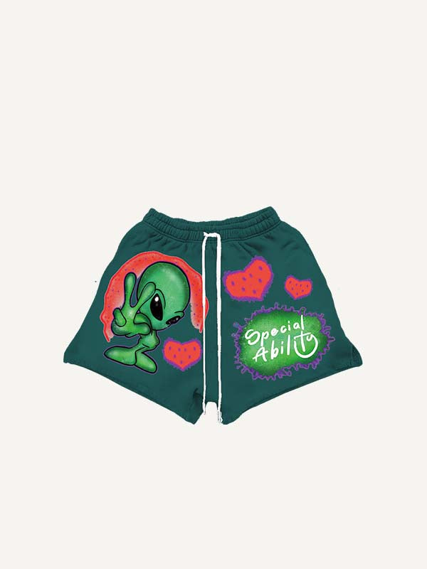 Alien&Letter Print Drawstring Waist Shorts