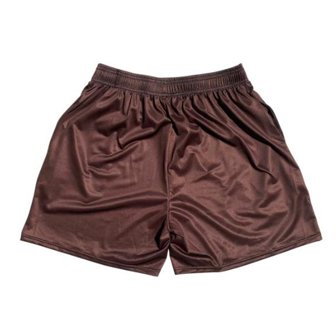Pantaloncini a rete color cioccolato con stampa grafica di Padre e mani in preghiera