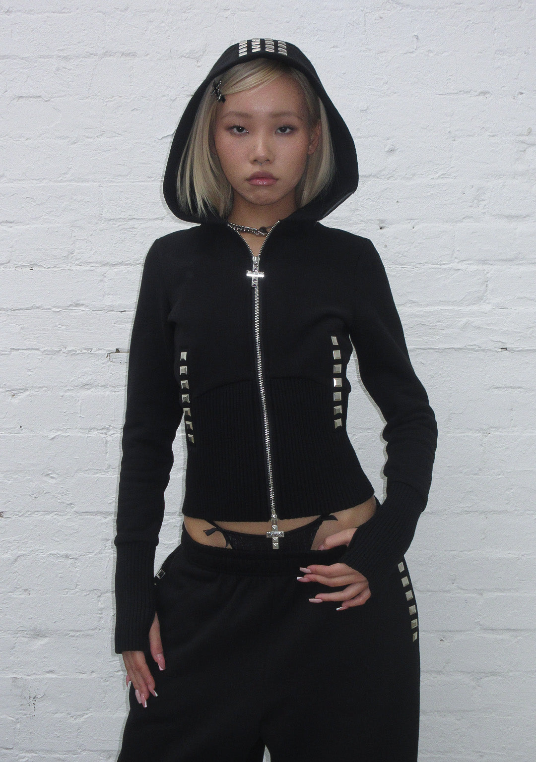 FAITHFUL bodywarmer van imitatiebont en aansluitende hoodie met rits, tweedelige set ZWART