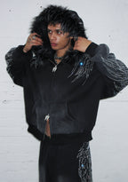 FALLEN KUNSTFELL-HOODIE MIT STRASSSTEINEN UND REISSVERSCHLUSS, GEWASCHENES SCHWARZ (ABNEHMBARES FELL)