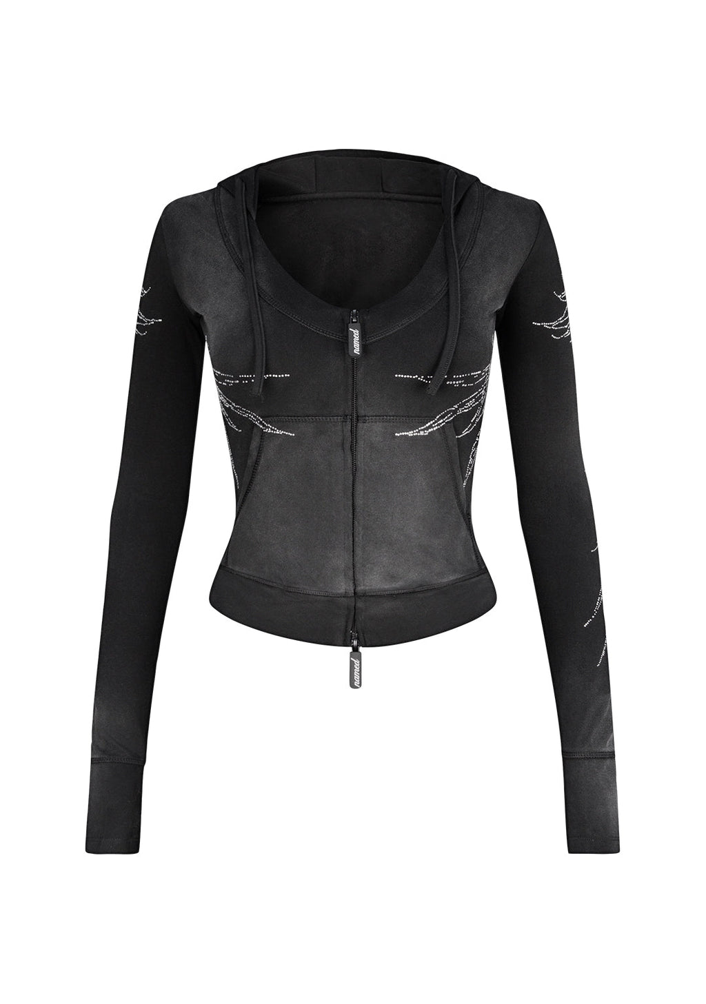 SWEAT À CAPUCHE EXTENSIBLE SCULPT AVEC STRASS TOMBÉS NOIR DÉLAVÉ