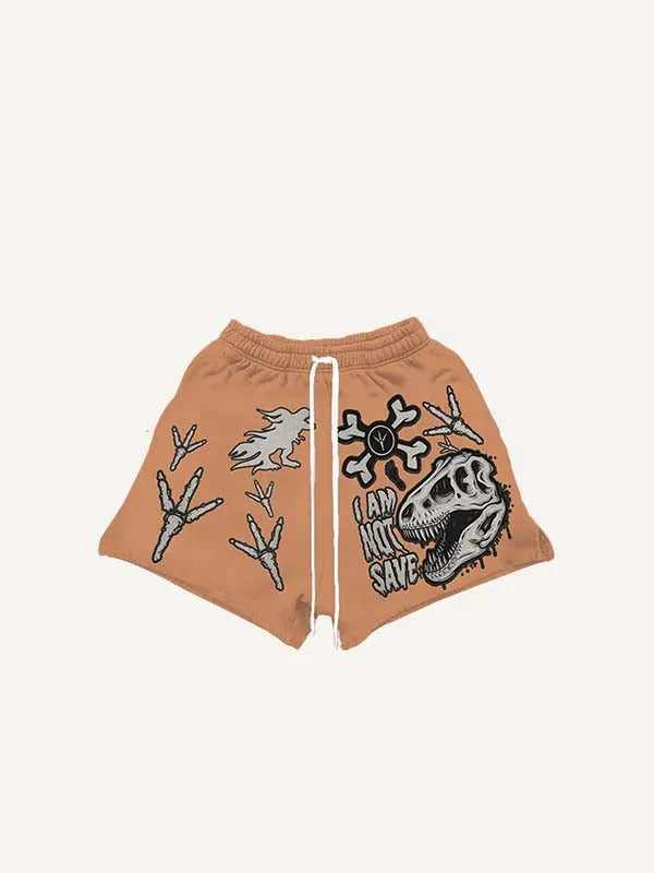 Dinosaur&Skeleton&Letter Faux Decal Print Drawstring Waist Shorts