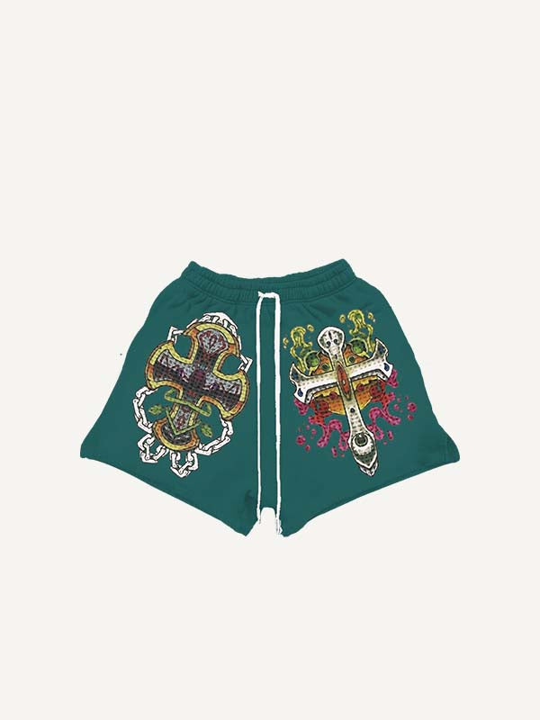 Shorts à taille cordon avec imprimé croix, aile, graphique et lettres