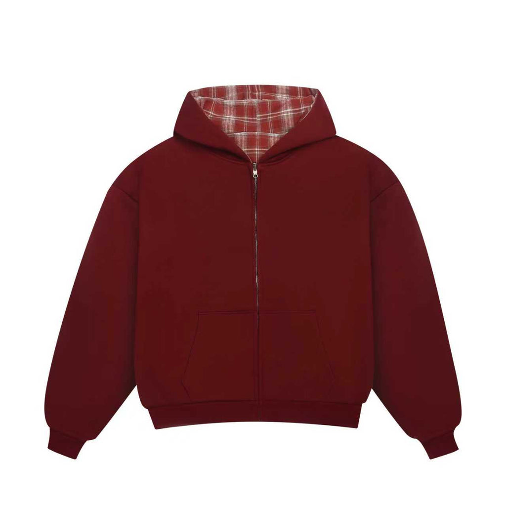Sweat à capuche zippé réversible à carreaux V2 (Bordeaux/Rouge)
