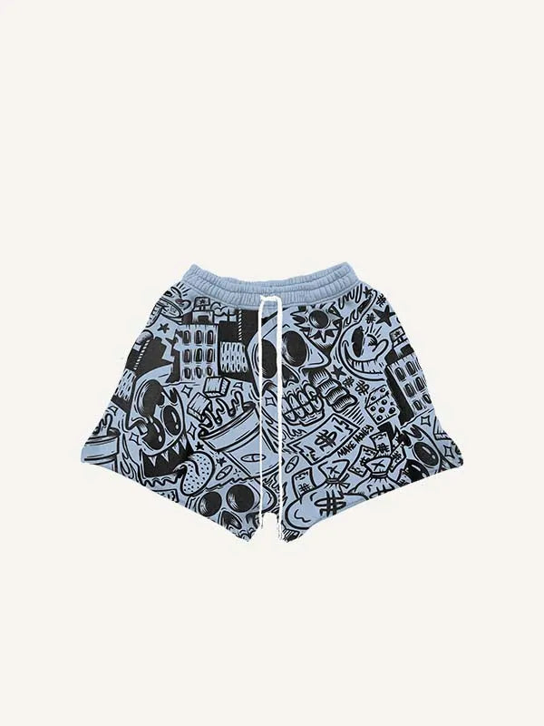 Shorts à taille élastique avec imprimé tête de mort, cœur, graphique, smiley, billets et lettres