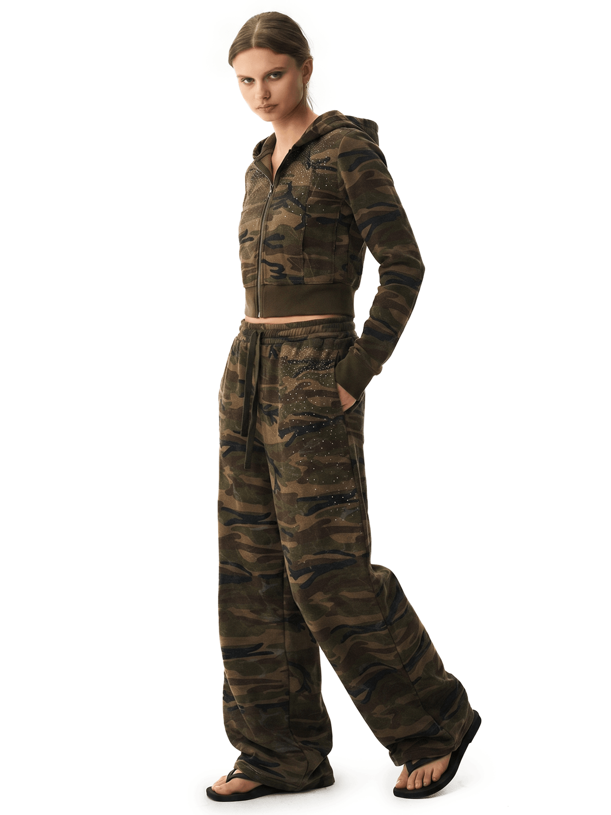 Korte camouflagehoodie met strass