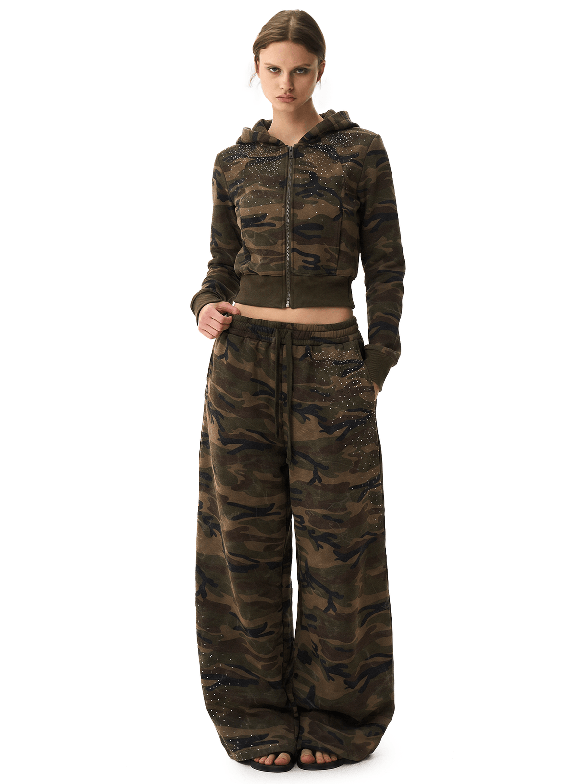 Korte camouflagehoodie met strass