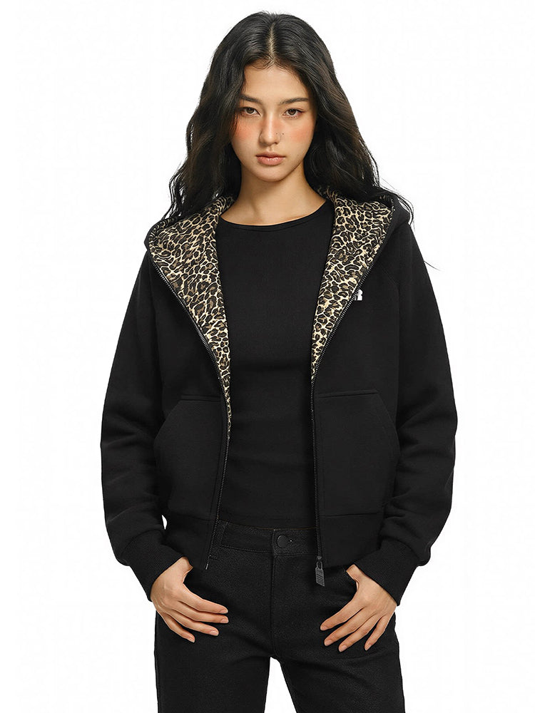 Korte fleecehoodie met luipaardprint