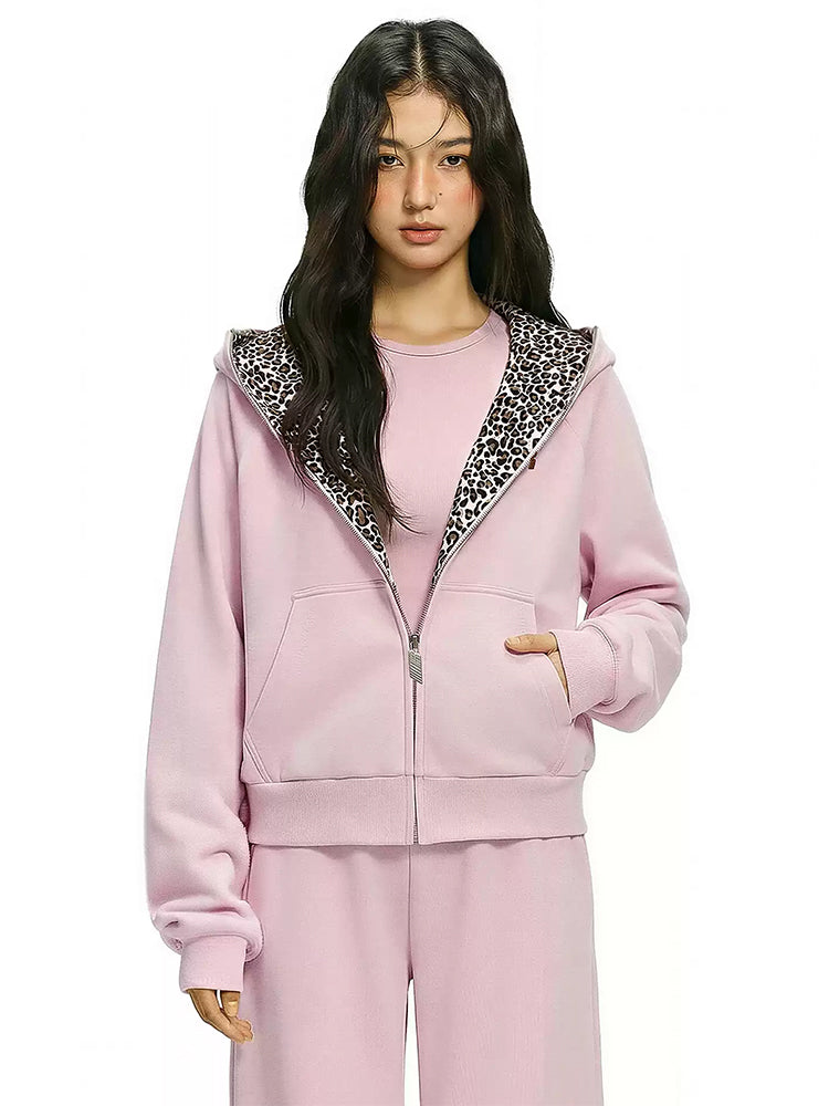 Korte fleecehoodie met luipaardprint