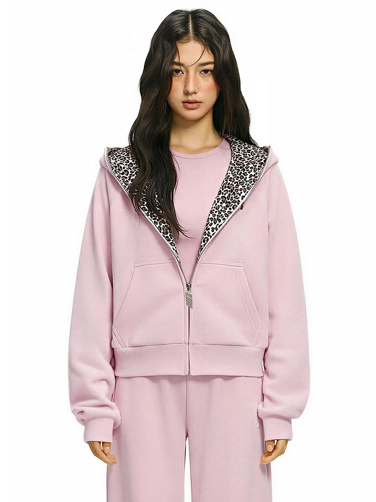 Korte fleecehoodie met luipaardprint