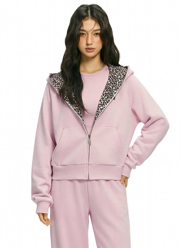 Korte fleecehoodie met luipaardprint