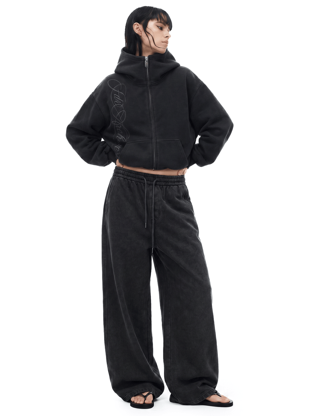 Hoodie met gewassen borduursel en rits