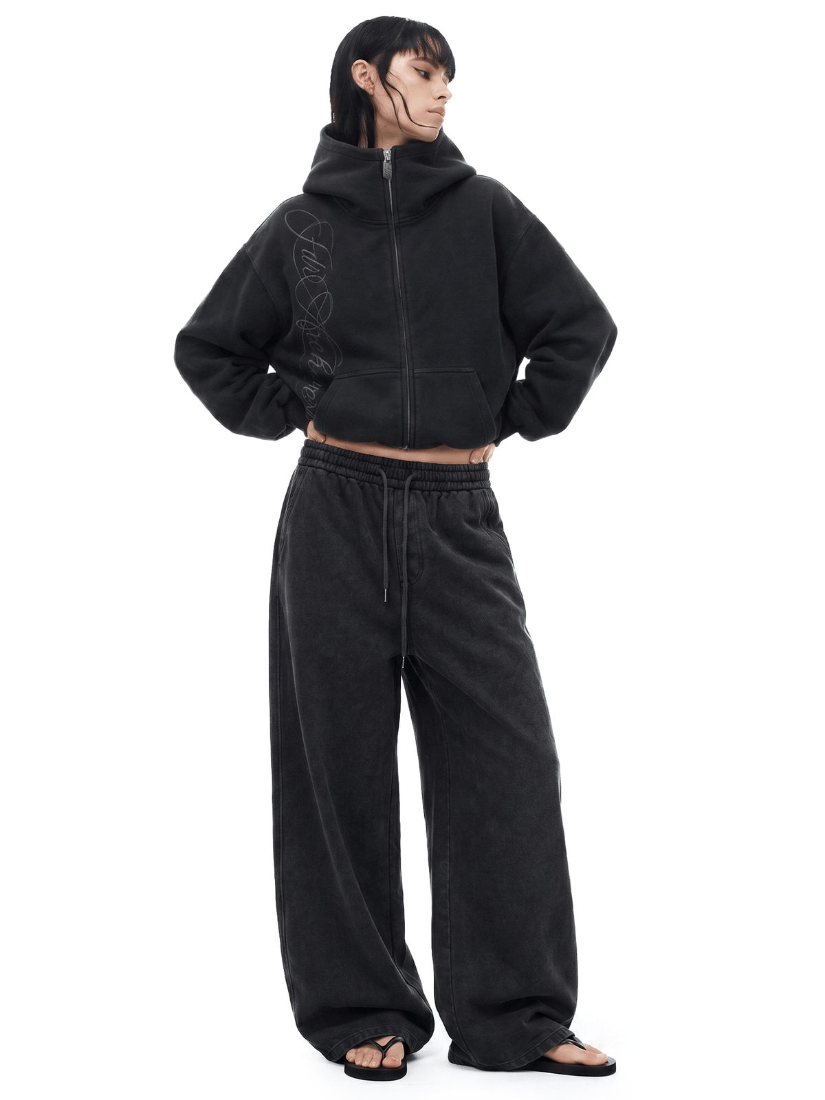 Hoodie met gewassen borduursel en rits