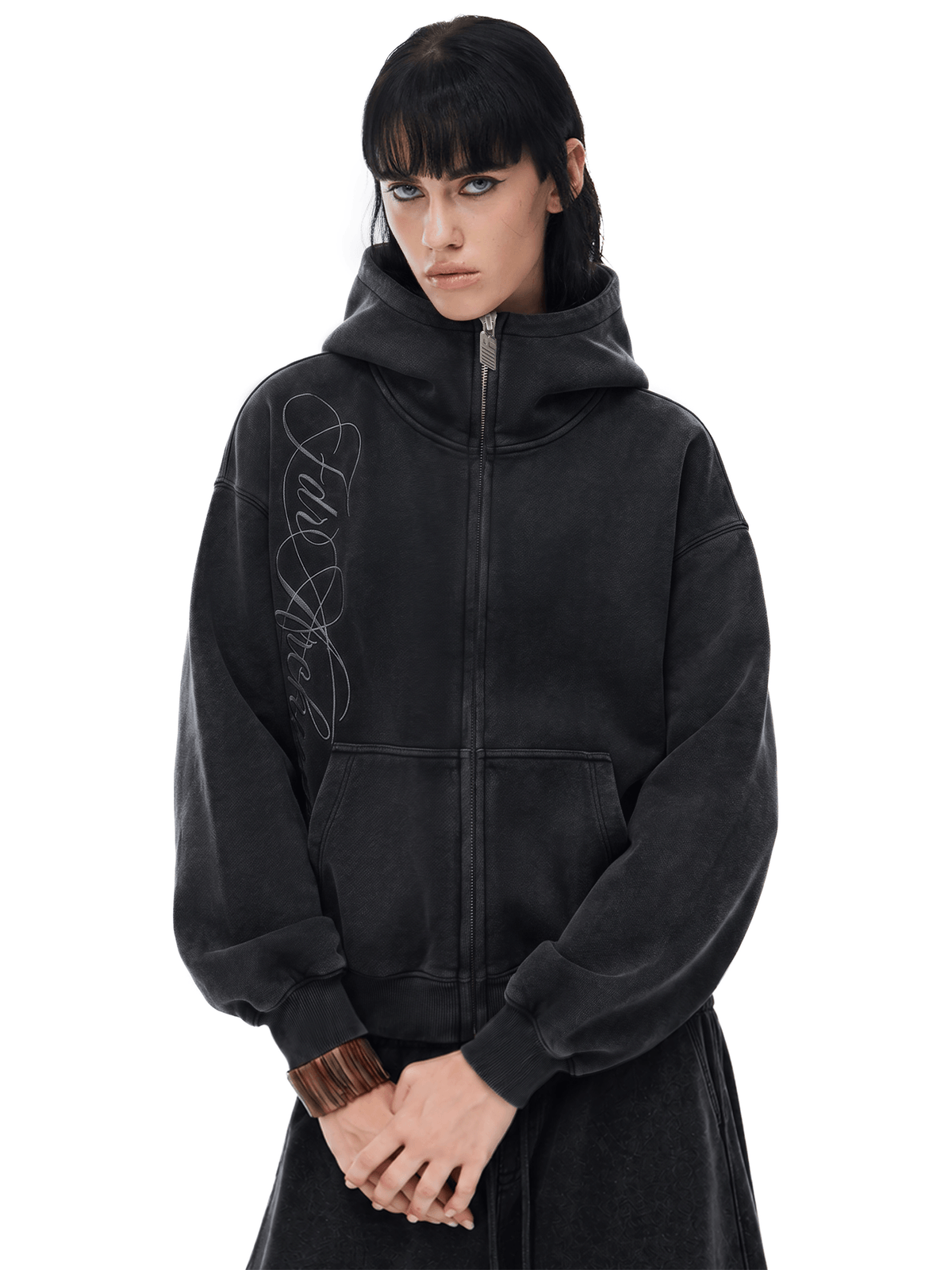 Hoodie met gewassen borduursel en rits