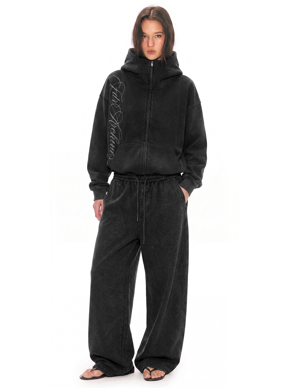 Hoodie met gewassen borduursel en rits