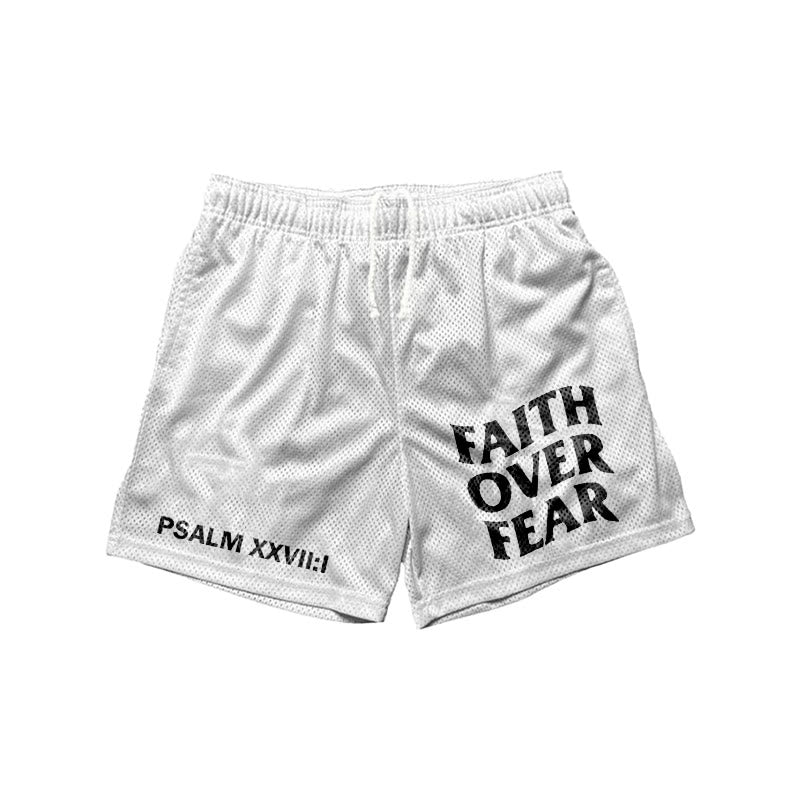 Męskie spodenki z siateczki z graficznym nadrukiem Faith Over Fear