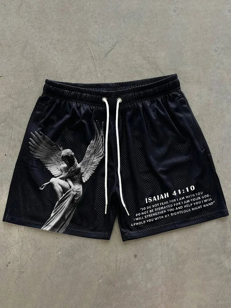 Meshshort voor heren met engel- en 'Isaiah 41:10'-grafische print