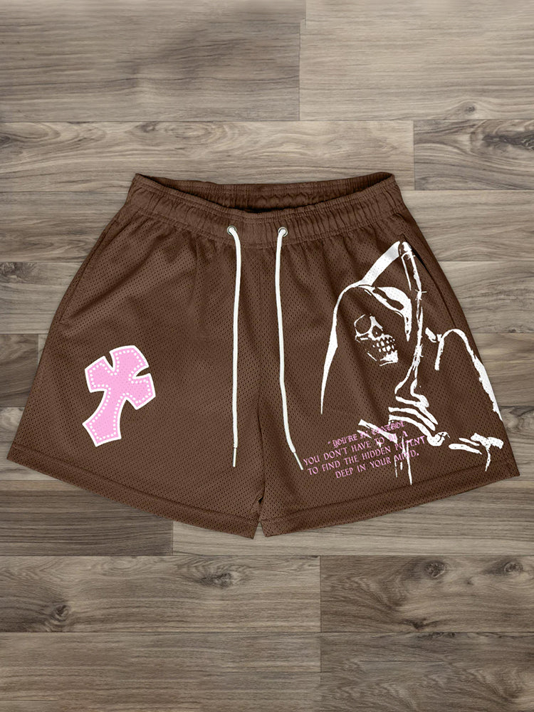 Pantaloncini in rete con stampa del Grim Reaper e croce