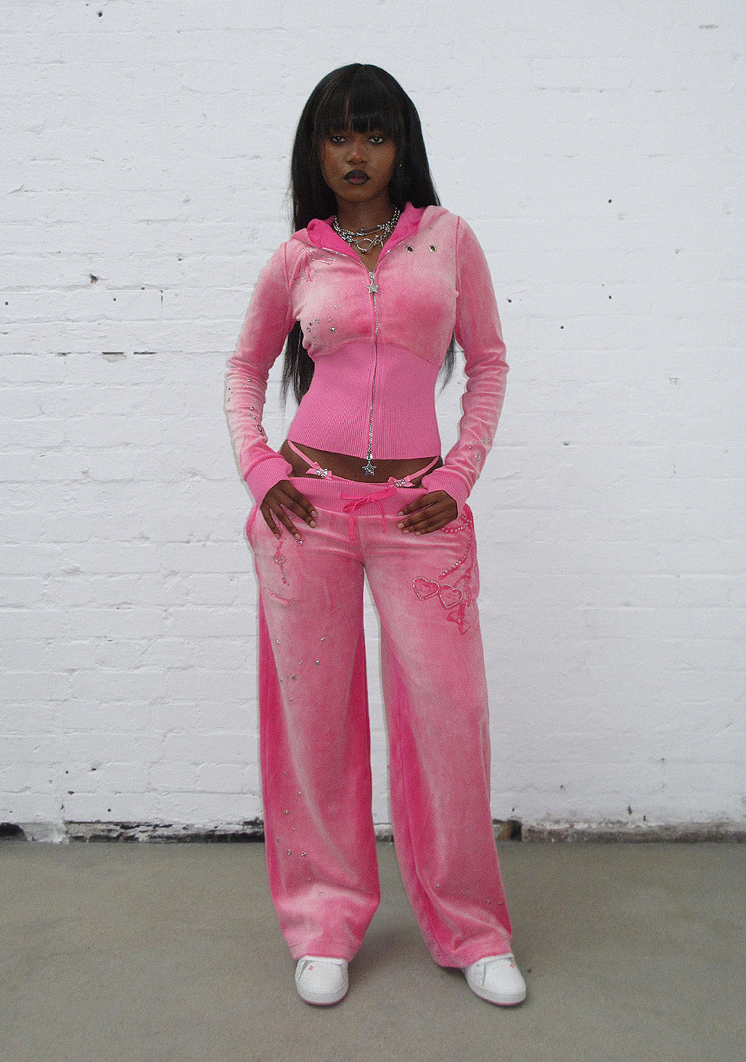 GLITCH EYELET VELOUR ZIP-HOODIE WASHED HOT PINK
