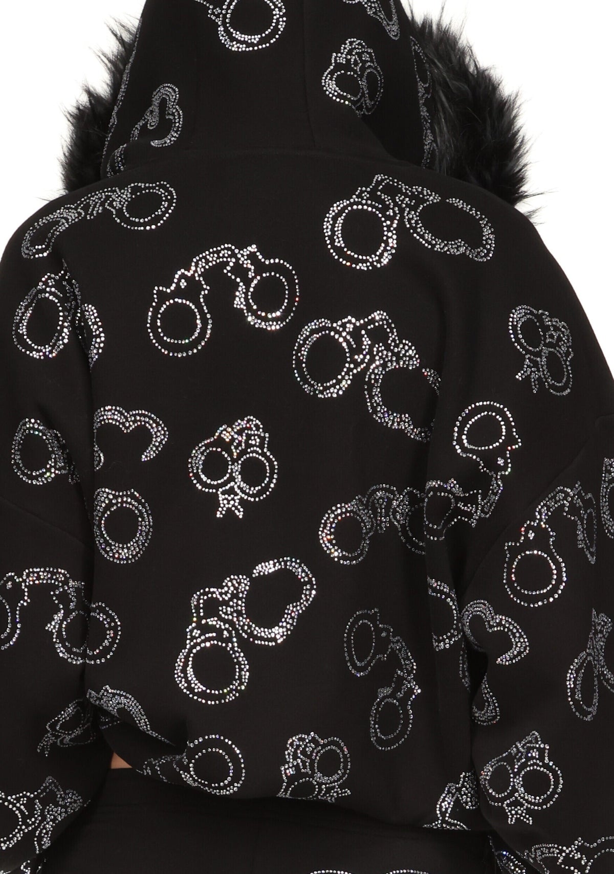 SWEAT À CAPUCHE ZIPPÉ HEIST EN FAUSSE FOURRURE AVEC POIGNETS STRASS NOIR (FOURRURE AMOVIBLE)