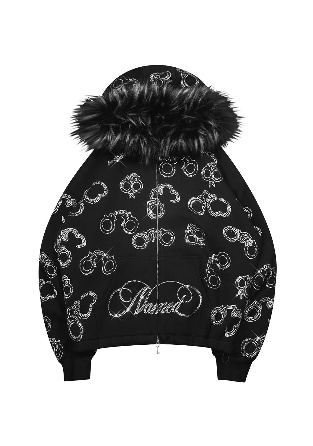 SWEAT À CAPUCHE ZIPPÉ HEIST EN FAUSSE FOURRURE AVEC POIGNETS STRASS NOIR (FOURRURE AMOVIBLE)