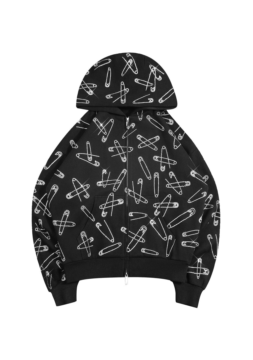 FELPA CON CAPPUCCIO HEIST CON STRASS E SPILLA DA BALIA, CON ZIP, NERA