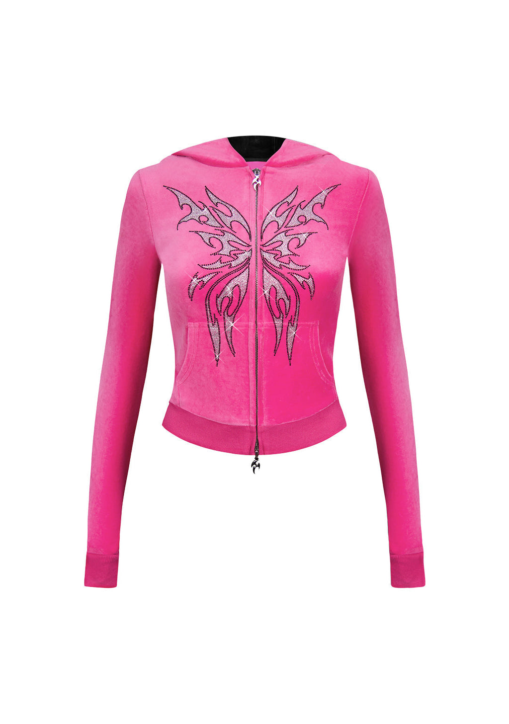 FELPA ADERENTE IN VELOUR CON CAPPUCCIO E ZIP CON STRASS IDOL ROSA FUCSIA