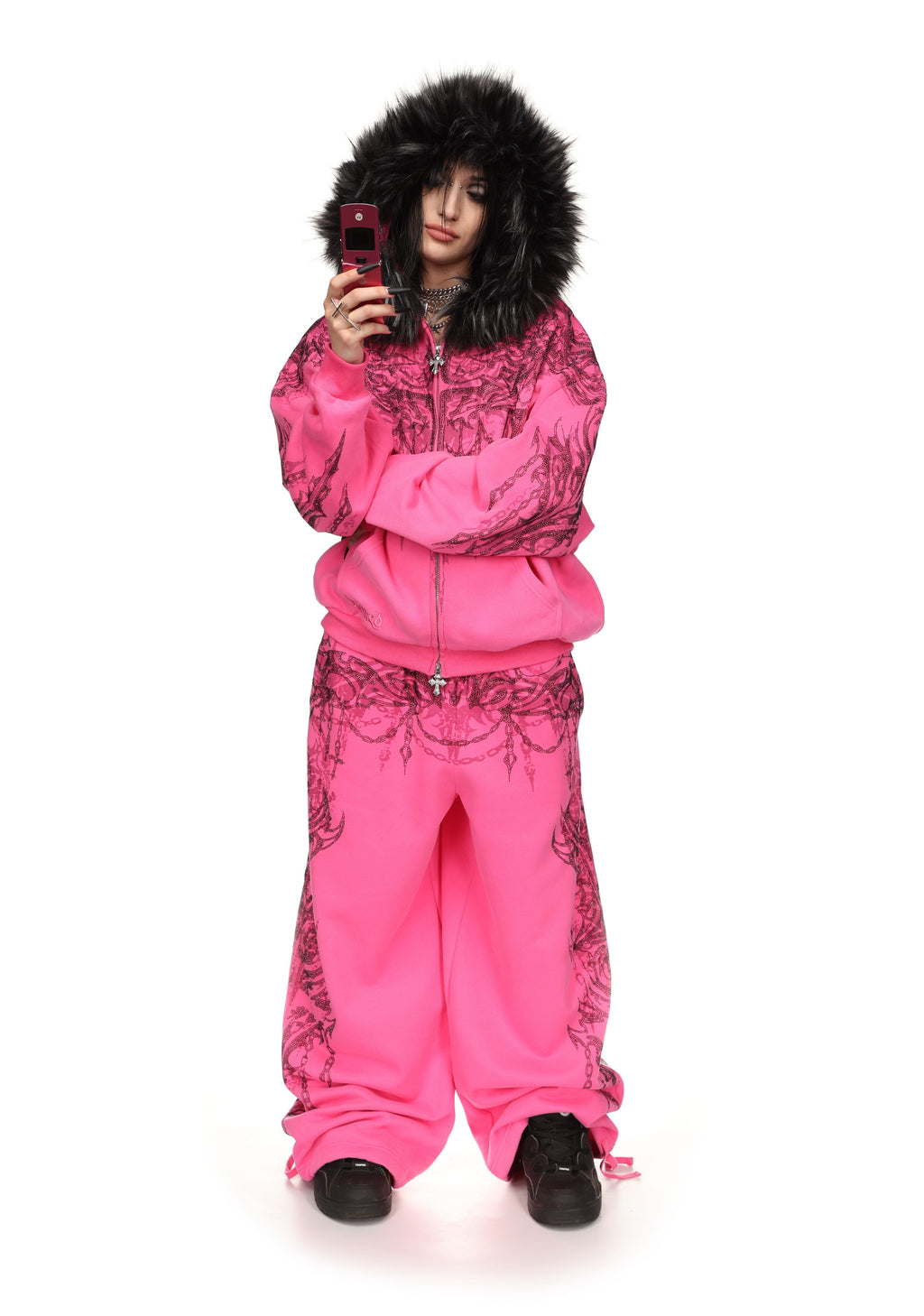 Felpa con cappuccio e cerniera con strass INFATUATION rosa acceso