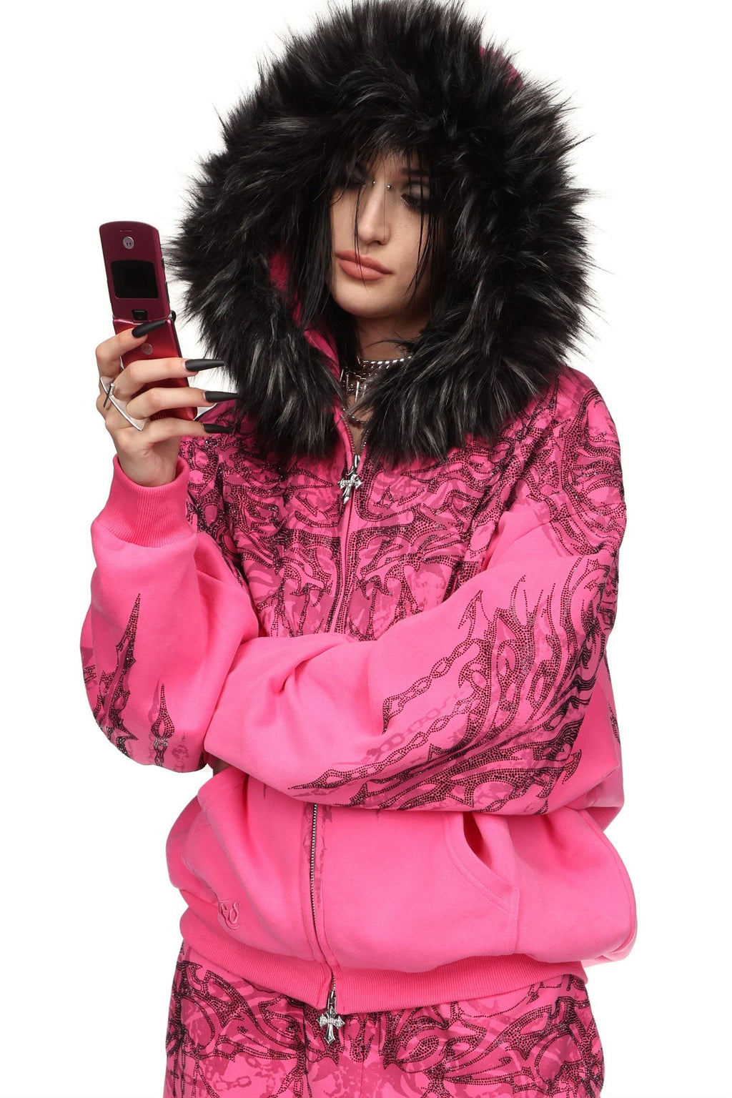 Felpa con cappuccio e cerniera con strass INFATUATION rosa acceso
