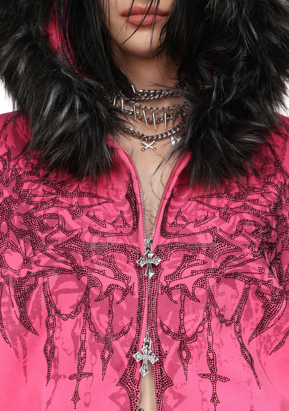 Felpa con cappuccio e cerniera con strass INFATUATION rosa acceso