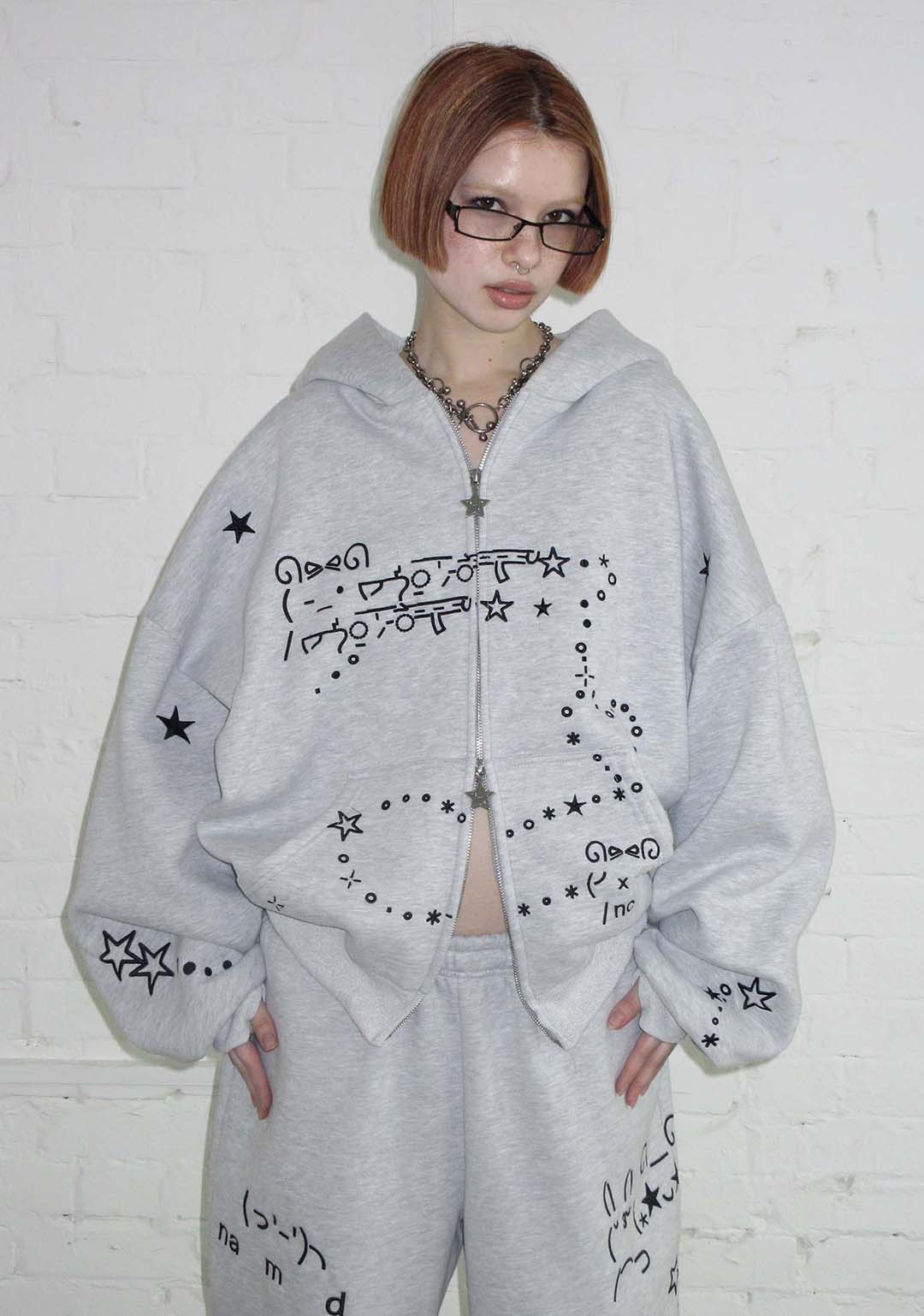 SWEAT À CAPUCHE ZIPPÉ MALFUNCTION BUNNY GRIS CHINÉ (OREILLES DÉTACHABLES)